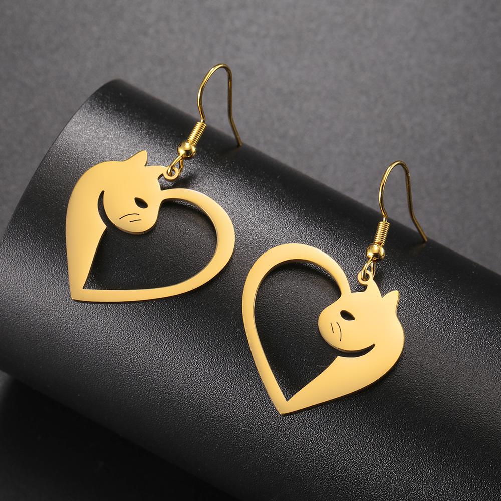 Cazador Cute Cat Kitten Heart Pendant Earrings Stainless Steel Gold Color Animal Drop Earrings for Women Jewelry Birthday Gift