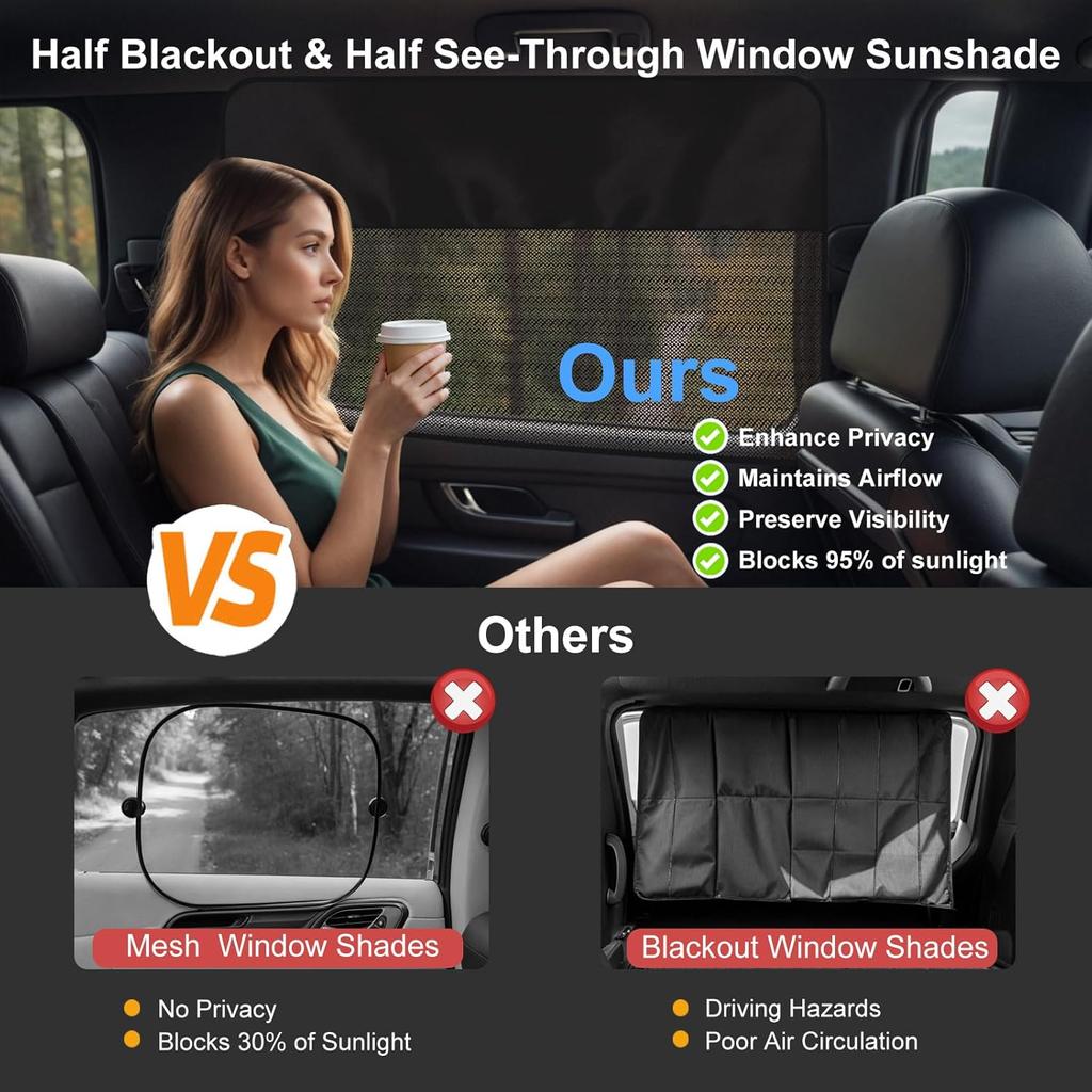 Rear Window Sun Shade, 2 PCS Magnetic Double Layer Car Side Window Sun Shades For Baby, Half Blackout & Half See-Through Back Window Covers For Sun &