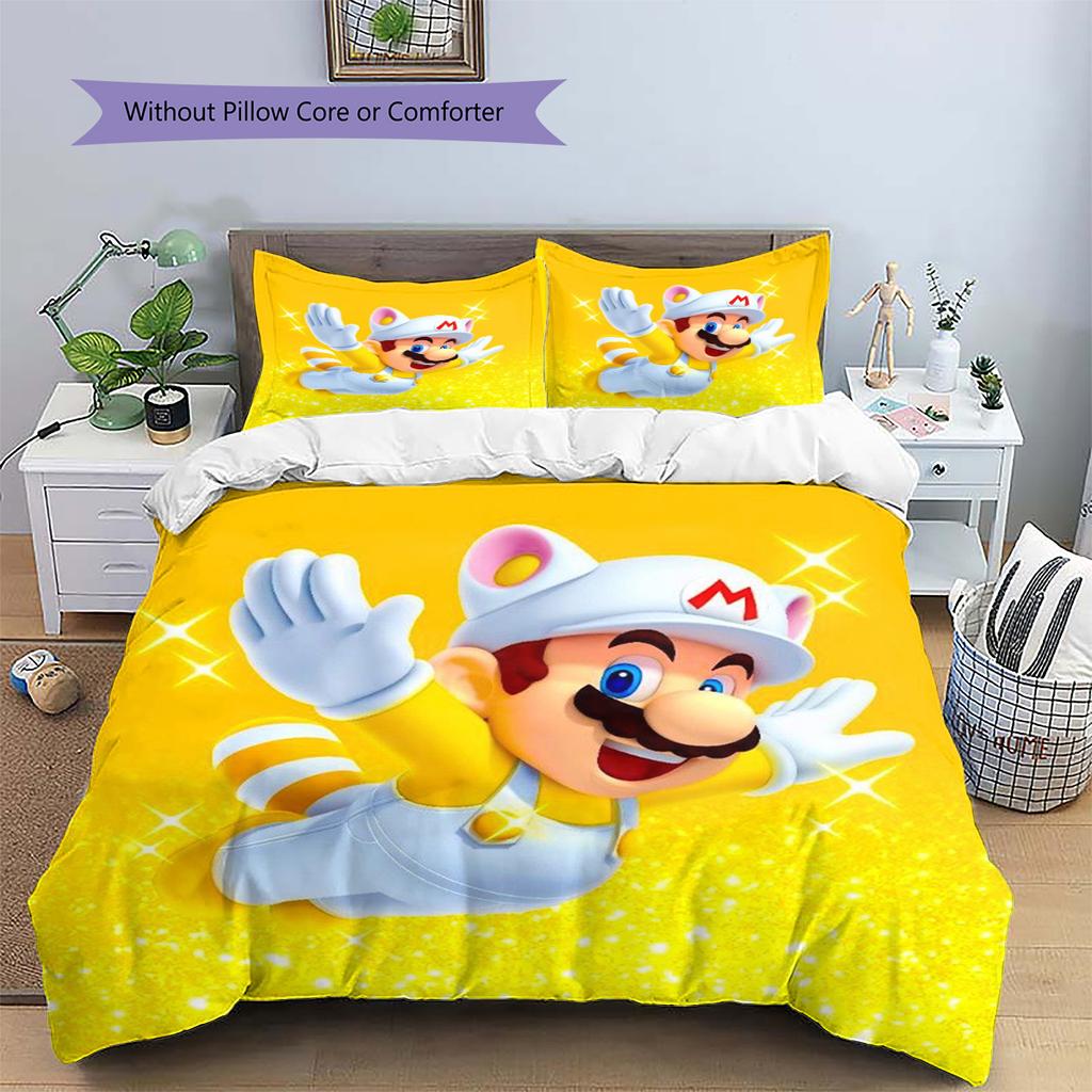 Mario Patterned Pillowcase & Duvet Cover Set Bedroom Comfortable Anime Bedding with Print Design Gift.-TING