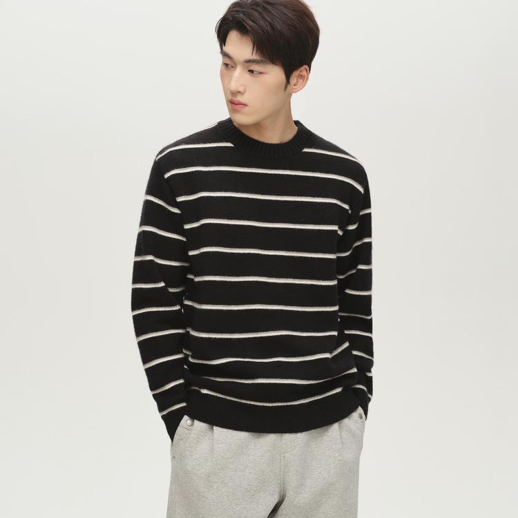 WOOG2005 Men s Black Striped Jacquard Round Neck Sweater - Winter 2025 Loose Thick Knit Medium чёрный