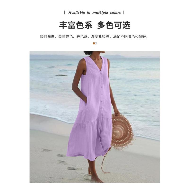Solid Color V Neck Sleeveless Loose Waist Long Dress Women Casual Commute Vacation