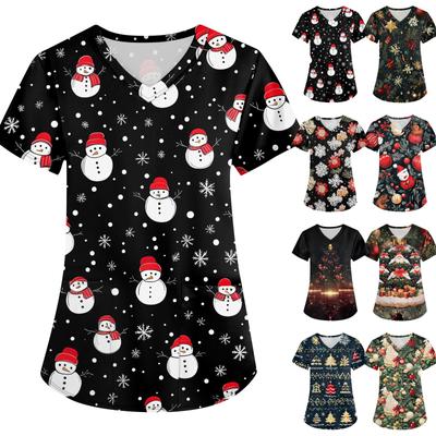Women's Fashion V-neck Short Sleeve Workwear With Pockets Christmas Printed Tops