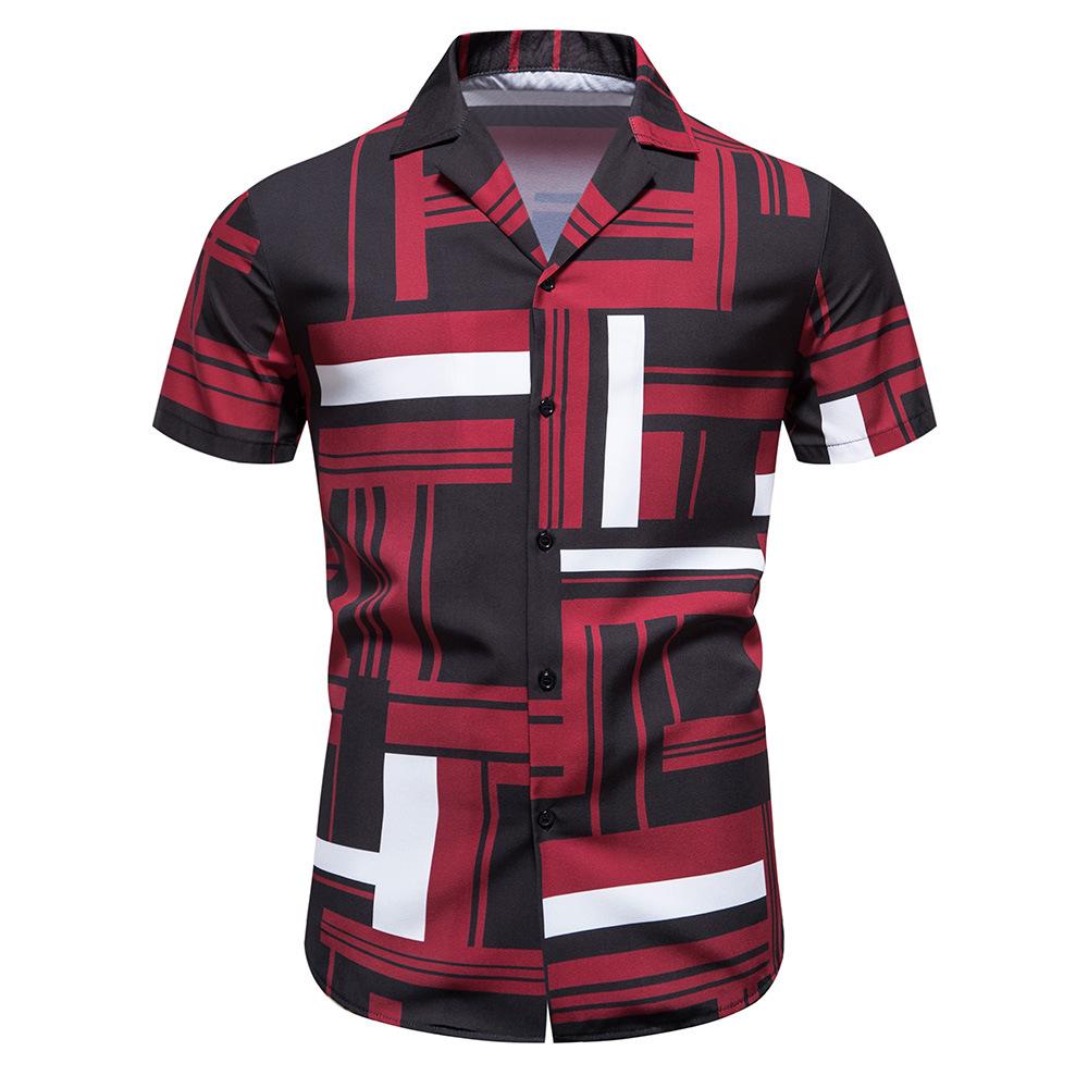 Summer New Men's Casual Short-sleeved Shirt Contrasting Print Hawaiian Style Lapel Top Short-sleeved