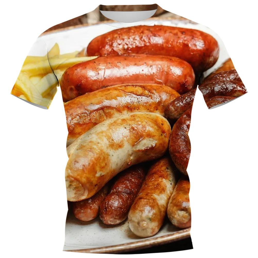 Yummy Food Graphic 3D Print T-shirts Delicacy Grilled Sausages Pullovers Summer Round Neck Fashionable Casual Short Sleeved Men's T-shirts