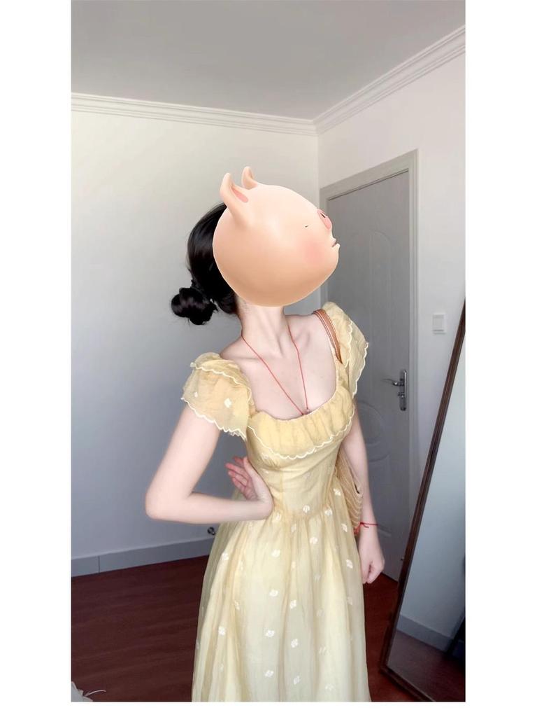 French Yellow Puff Sleeve Floral Dress - Women's Summer 2026 Collection, Elegant Waist-Cinching Princess Vacation Long Dress