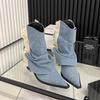 New Women's Shoes Square Heel Pointed Fashion Women's Boots Sleeve Denim Medium Heeled Women's BootsBotas De Mujer