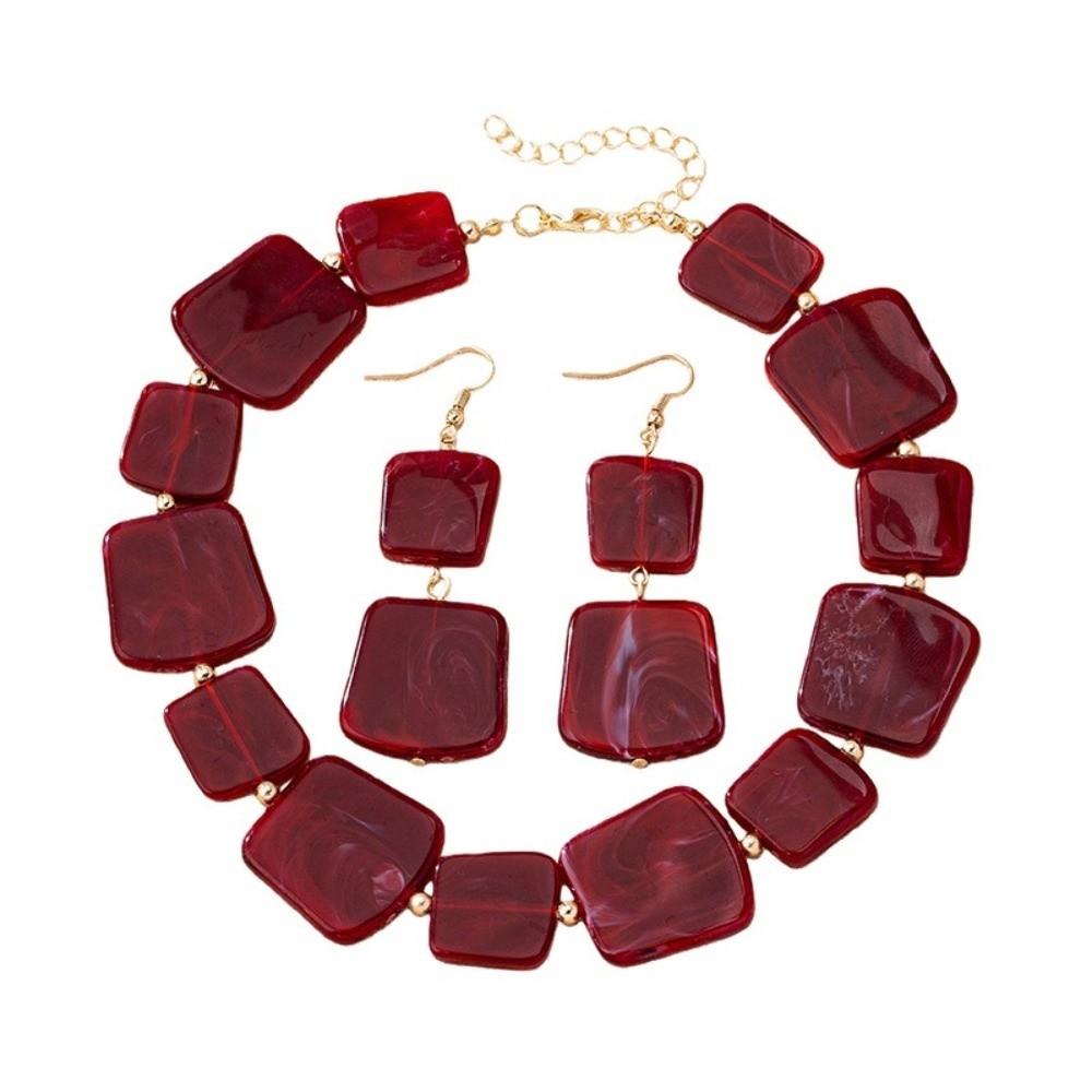 Wine Red Stud Earrings Resin Neck Chain Retro Necklace Earrings Set  for Women
