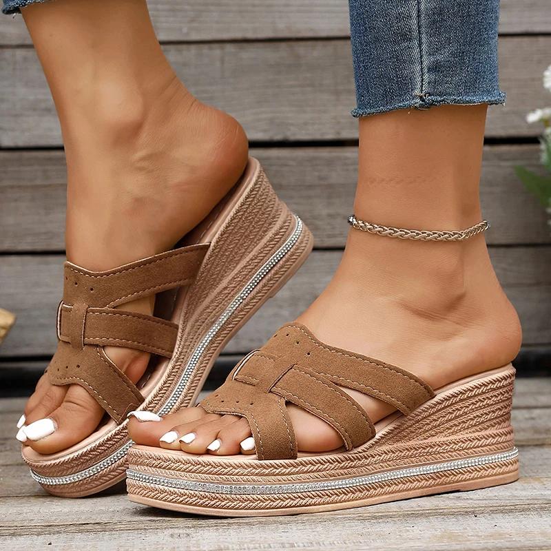Fashion Thick Sole Wedge Sandals for Women PU Leather Woven Chunky Platform Slippers Woman Summer Thick Sole Beach Shoes Slides