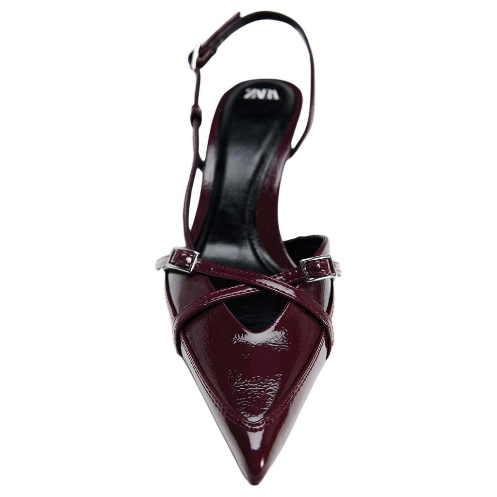 Zara Pu Fashionable Temperament Buckle Strap Pointed Toe High Heels Women High Heels Burgundy 13209410