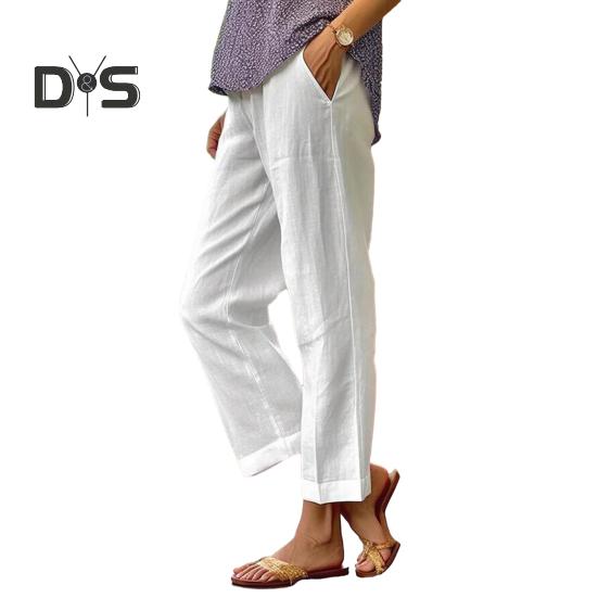 Women Pants Mid-rise Elastic Waist Leisure Pants Solid Color Straight Wide-Leg Casual Pants with Pockets