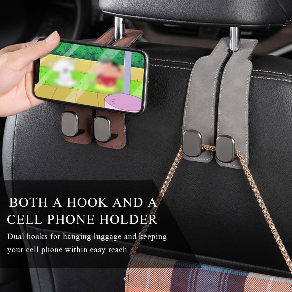 2 PCS Car Seat Headrest Hook, Back Seat Hanger with Double Flexible Leather Hooks, Soft Leather Double Headrest Metal Hooks Purse Handbag Organizer,