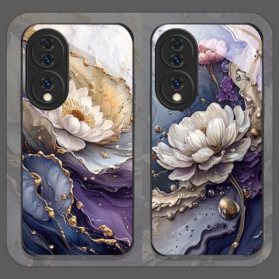 Luxury Lotus Marble Floral Pattern Tempered Glass Phone Case for Huawei Nova 13 12 11 10 SE Mate 70 60 50 ProPlus P60 P40 Cover