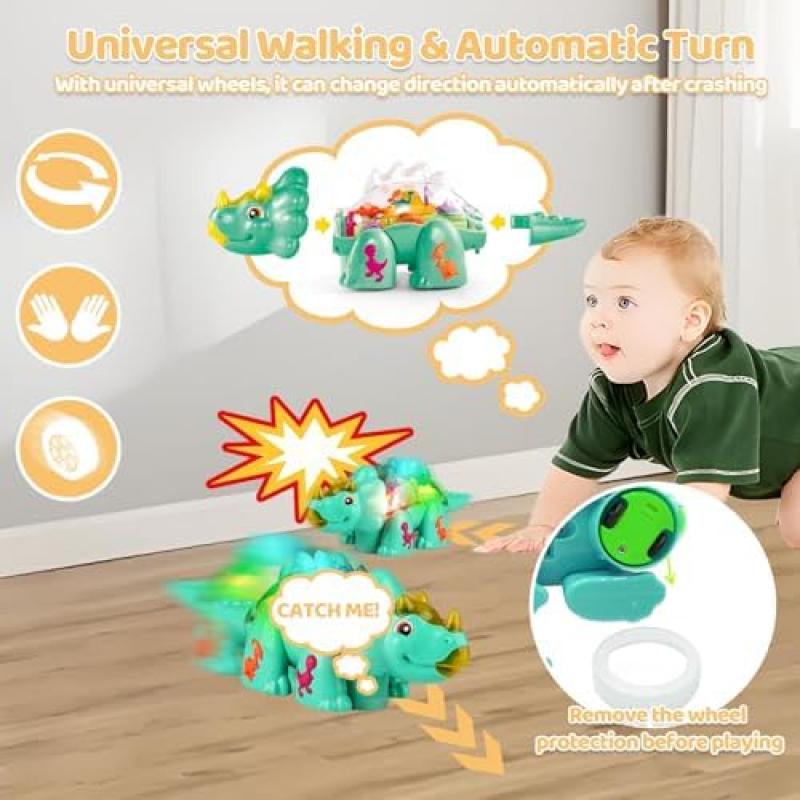 Dinosaur Crawling Toy with Music and Lights, Triceratops Baby Toy for 1-3 Year Olds, Sensory Gift for 6-12 Months Boys Girls, Birthday Present