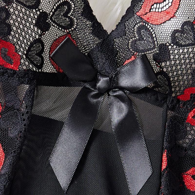 New Transparent Sexy Red Lips Love Print Lace Women's Strap Dress Deep V Bow Corset Sleeping Skirt Set Erotic Babydolls Lingerie