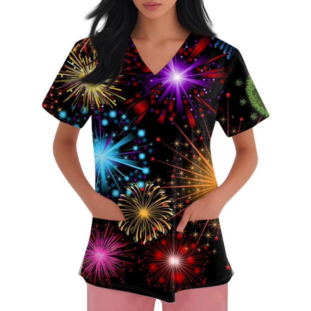 

2026 Happy New Year Surgical Uniform Woman V-Neck Clinical Uniform Short Sleeve Patch Pocket Tops Surgical Uniforms 5XL