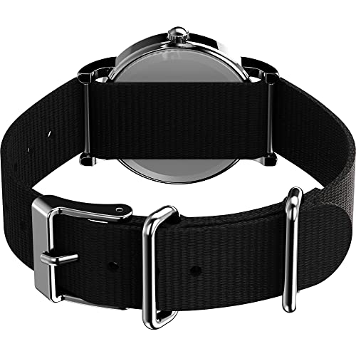 Timex Weekender 31 mm Damenuhr – silberfarbenes Gehäuse, weißes Zifferblatt, schwarzes Stoffarmband, Schwarz/Silberfarben/Weiß. , modern