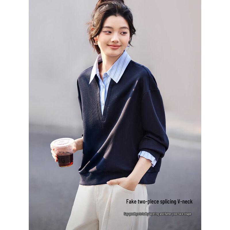 Women's Contrast Patchwork V-Neck Faux Two-Piece Pullover Sweatshirt