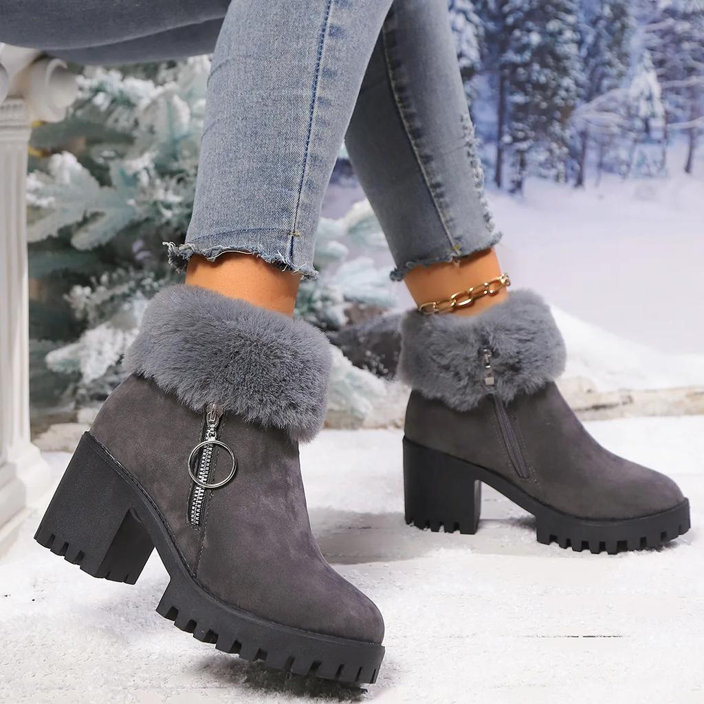 Fashionable Women's Fur Lined Snow Boots Large Cotton Boot Thick Heel Short Boot Rubber Upgraded Version Winter Boots