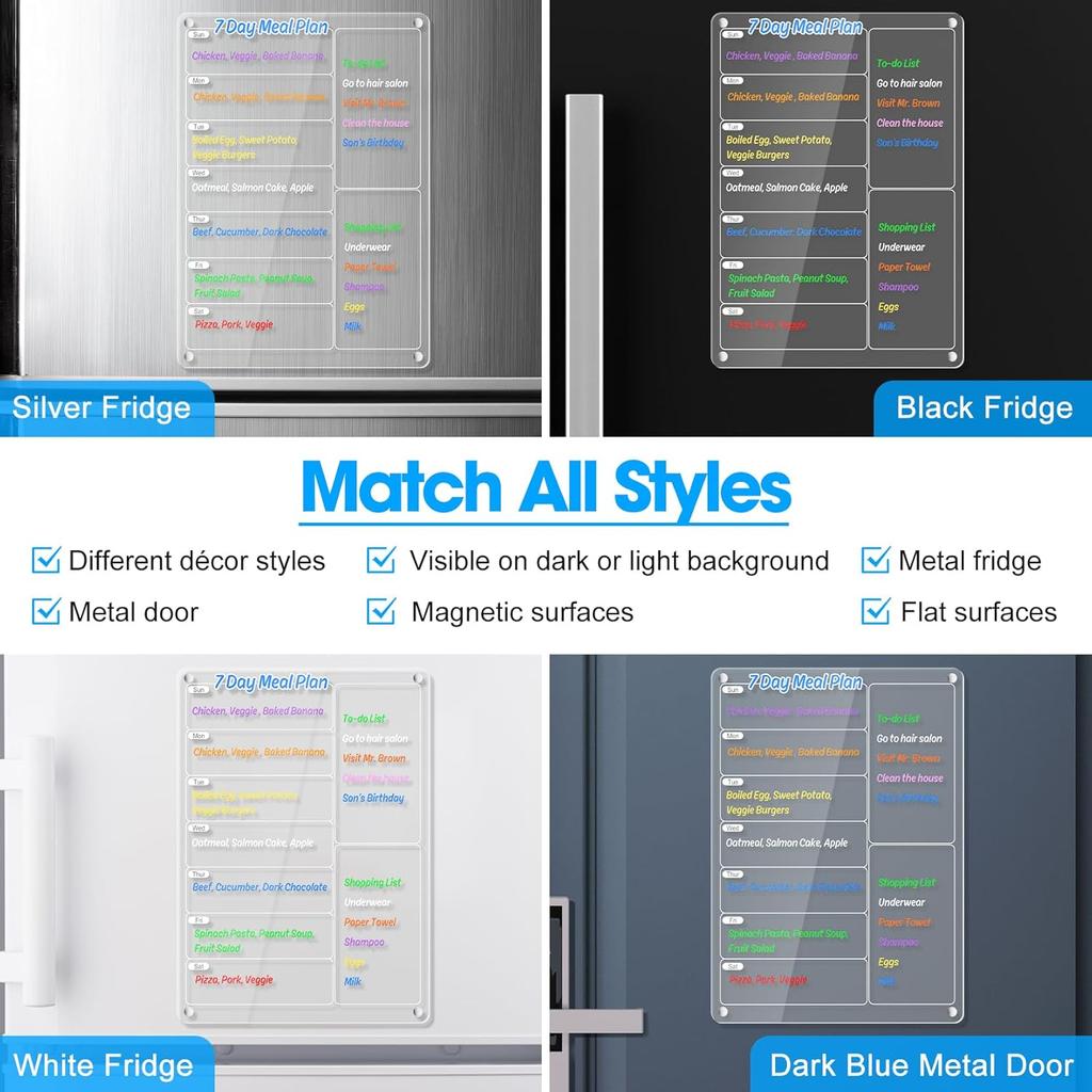 Acrylic Meal Planner Magnetic Menu Board for Kitchen Fridge w/Markers, Clear Weekly Calendar Planning Board Noteboard Refrigerator Dry Erase Board to