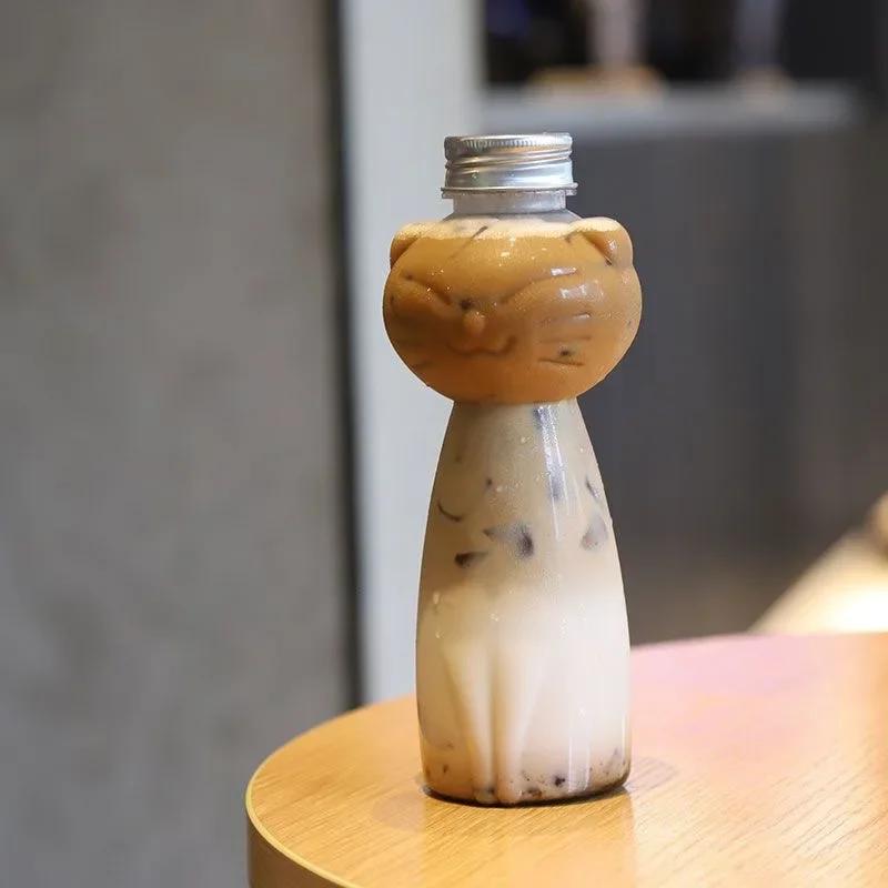 Kawaii Cat Water Bottles for Milk Tea Coffee Juice Portable Drinking Cup Home Transparent Juicing Beverage Drink Bottle BPA Free