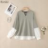 ZANZEA Damen Freizeit V-Ausschnitt Patchwork Langarm Bluse