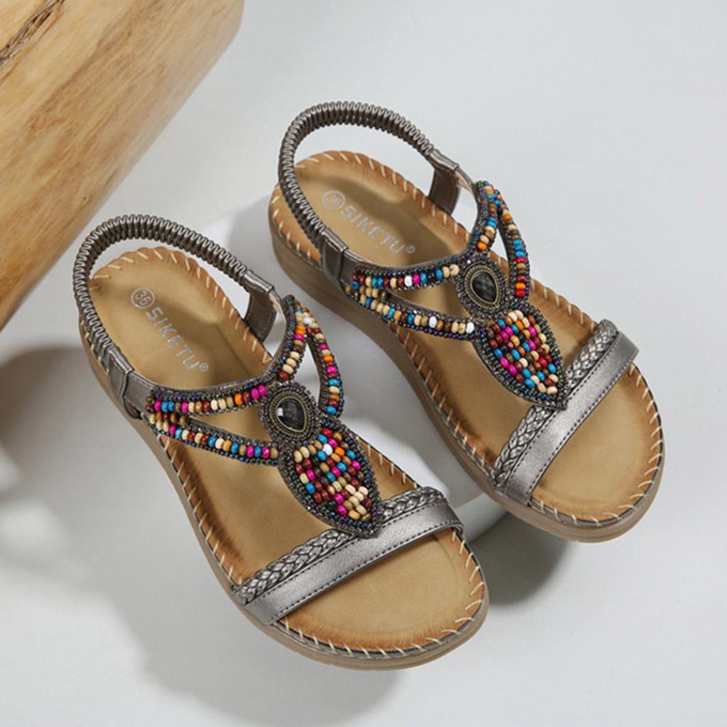 Bohemian Rhinestone Sandals For Womens Comfortable Round Toe Beach Vacation Plus Size Sandal Zapatos Para Mujer Sandalias Planas