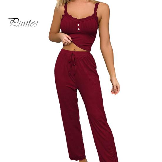

2 шт./компл., женский укороченный топ, брюки, костюм с цветочным краем, V-образным вырезом, эластичный комплект с высокой талией, однотонный эластичный камзол без рукавов, комплект длинных брюк L вино красного