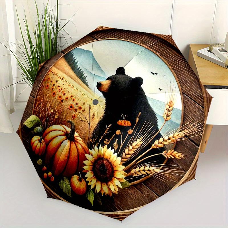 

Autumn Harvest Wall Art - Black Bear, Pumpkins, Sunflowers, Wheat Decorative Round Wooden Sign for Home Decor Umbrella, Halloween & Christ