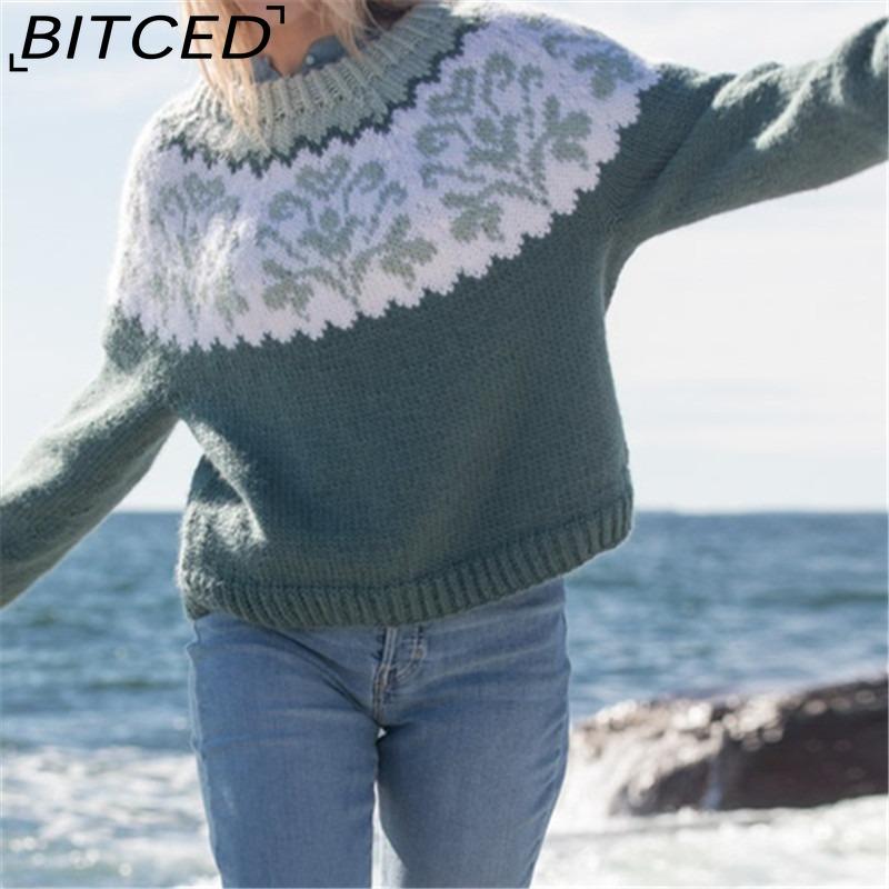 BITCED Women's Sweater - O-Neck Color-Blocked Oversized Fashion Pullover Knit