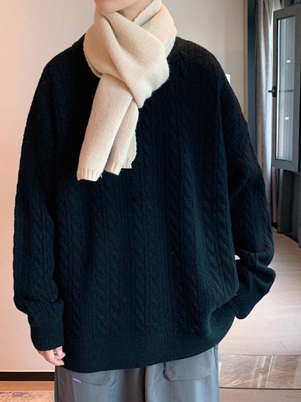 Men's Loose Fit Cable Knit Crew Neck Sweater - Retro Hong Kong Style Autumn/Winter Knitwear