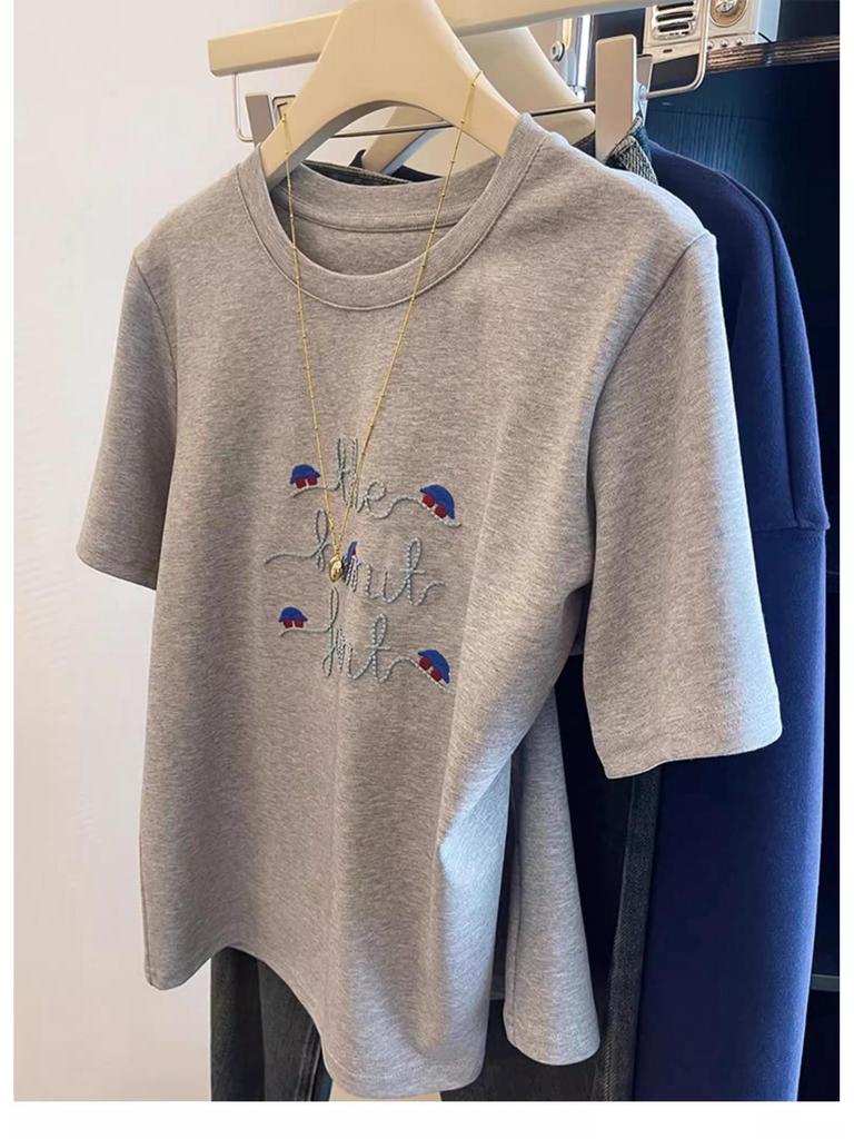 Women's Gray Embroidered Retro Short Sleeve T-Shirt - 2025 Spring Casual Loose Fit Base Layer