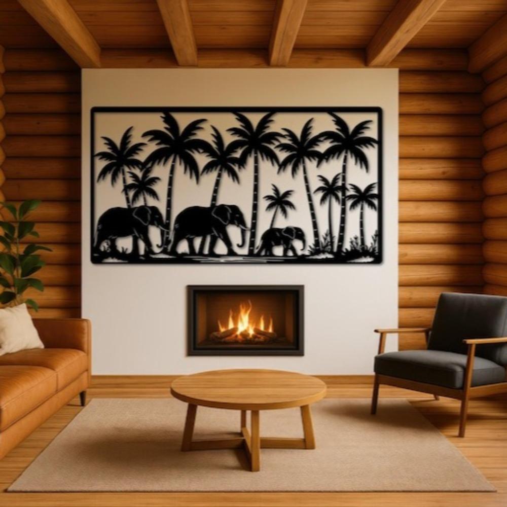 Handmade Metal Elephant Wall Art, Tropical Safari Decor, Jungle Palm Tree Wildlife Art, Nature Home Gift, African Safari Metal Sculpture