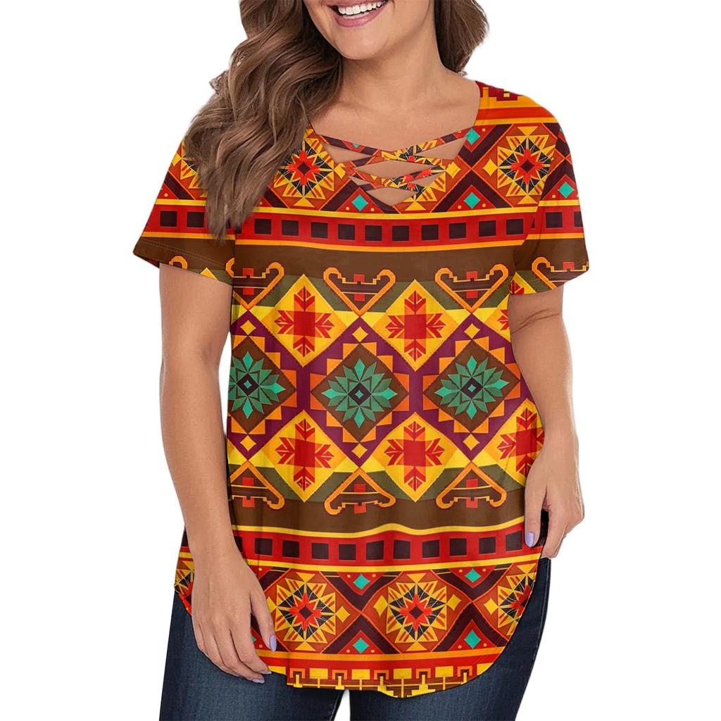 Women's Fashion Casual Printed V-Neck Short Sleeve Large Size T-Shirt Top