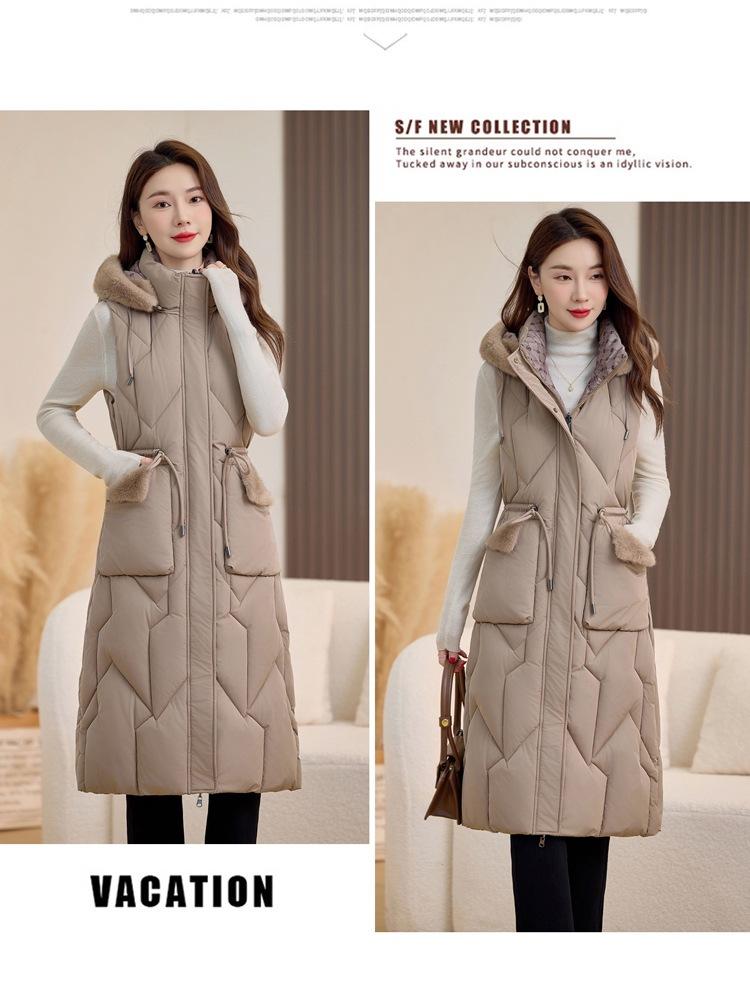 Winter new models wear thin down cotton vest on both sides women's medium and long cotton vest over the knee versatile outer wear cotton vest back