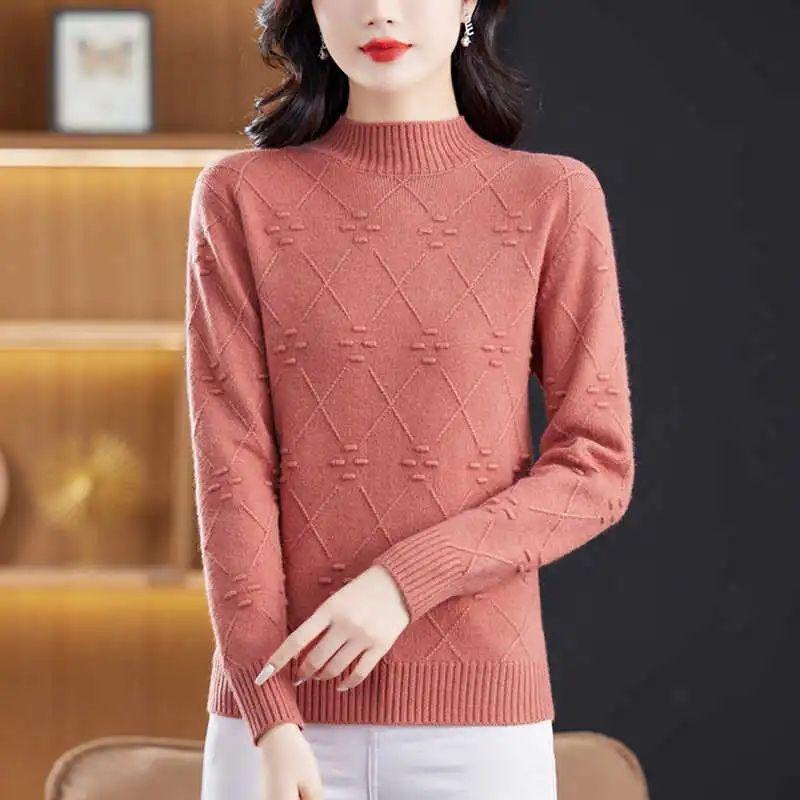 2025 New Thickened Warm Semi-turtleneck Knitted Sweater Women's Autumn and Winter New Solid Color Bottom Pullover Loose Knitted Sweater