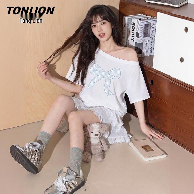 TonLion Women s Off-Shoulder Bow Design Short Sleeve T-Shirt M