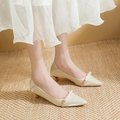 Französische Abendschuhe Damen Perle Dicke Absätze Spitz Brautschuhe Hochzeit Hohe Absätze Damen Mittelhohe Absätze Fee