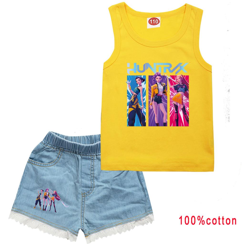 Dzieci Dziewczynki Anime Kreskówka Super Gwiazda Rumi Zoey Mira Piosenkarka POP Nadruk Casualowy Bezrękawnik Jeansowe Szorty Zestaw Ubrań