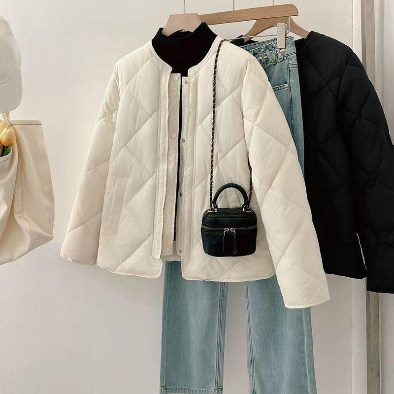 New Autumn and Winter Thin Down Cotton Jacket Collarless Rhombus Grid Small Slim Women's Jacket