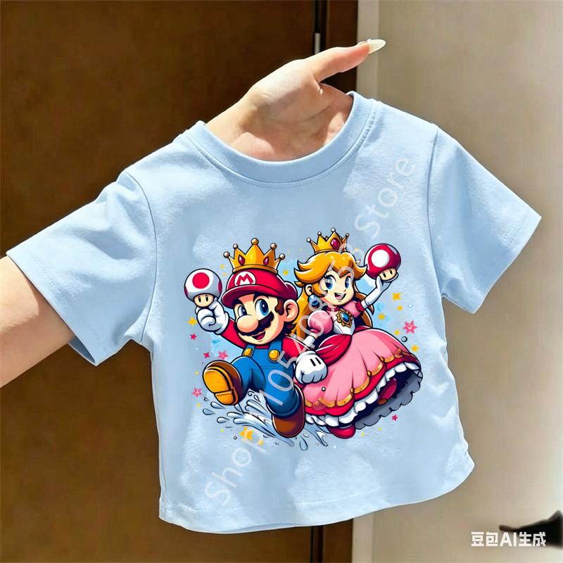 Super Marios Tshirt for Children Cartoon Anime Clothes Round Collar Clothing Short Sleeve Kid Summer Tee Top