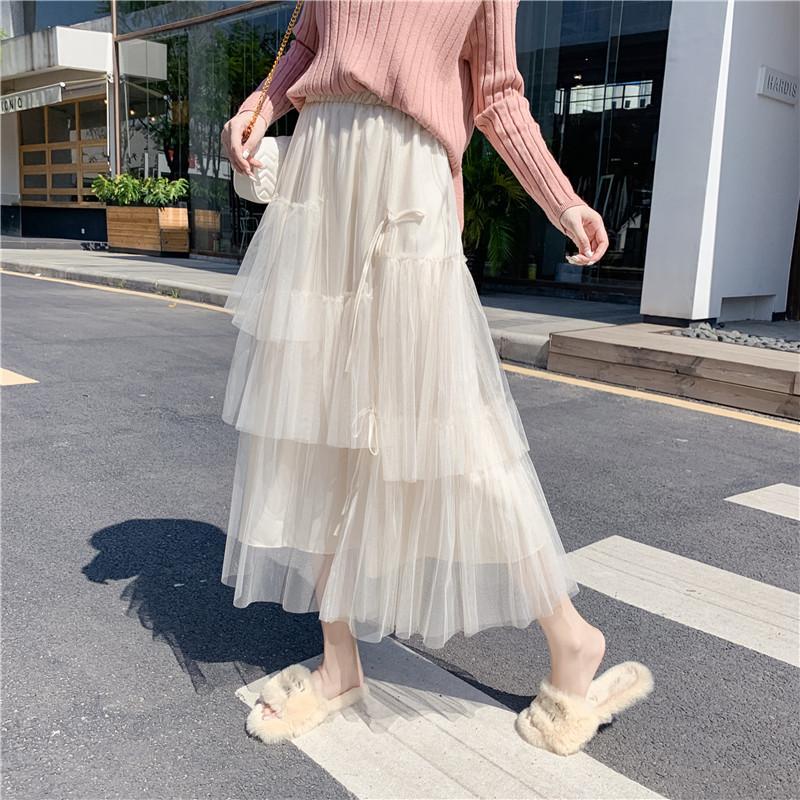 

Женская летняя мода в корейском стиле, тюлевая юбка-полусолнце с оборками, однотонная, струящаяся, многоярусная, как торт, длинная юбка M абрикосовый