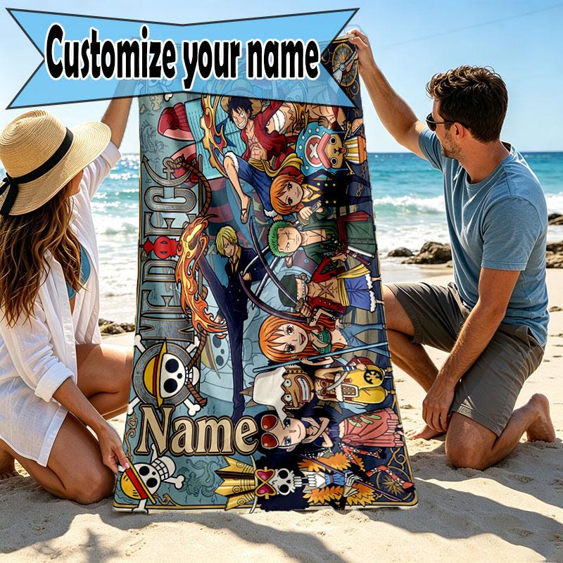 Custom Name Personalized ONE PIECE Print Beach Towel, for Trip Camping Beach Party Home Decor, Birthday Gift for Family & Friends