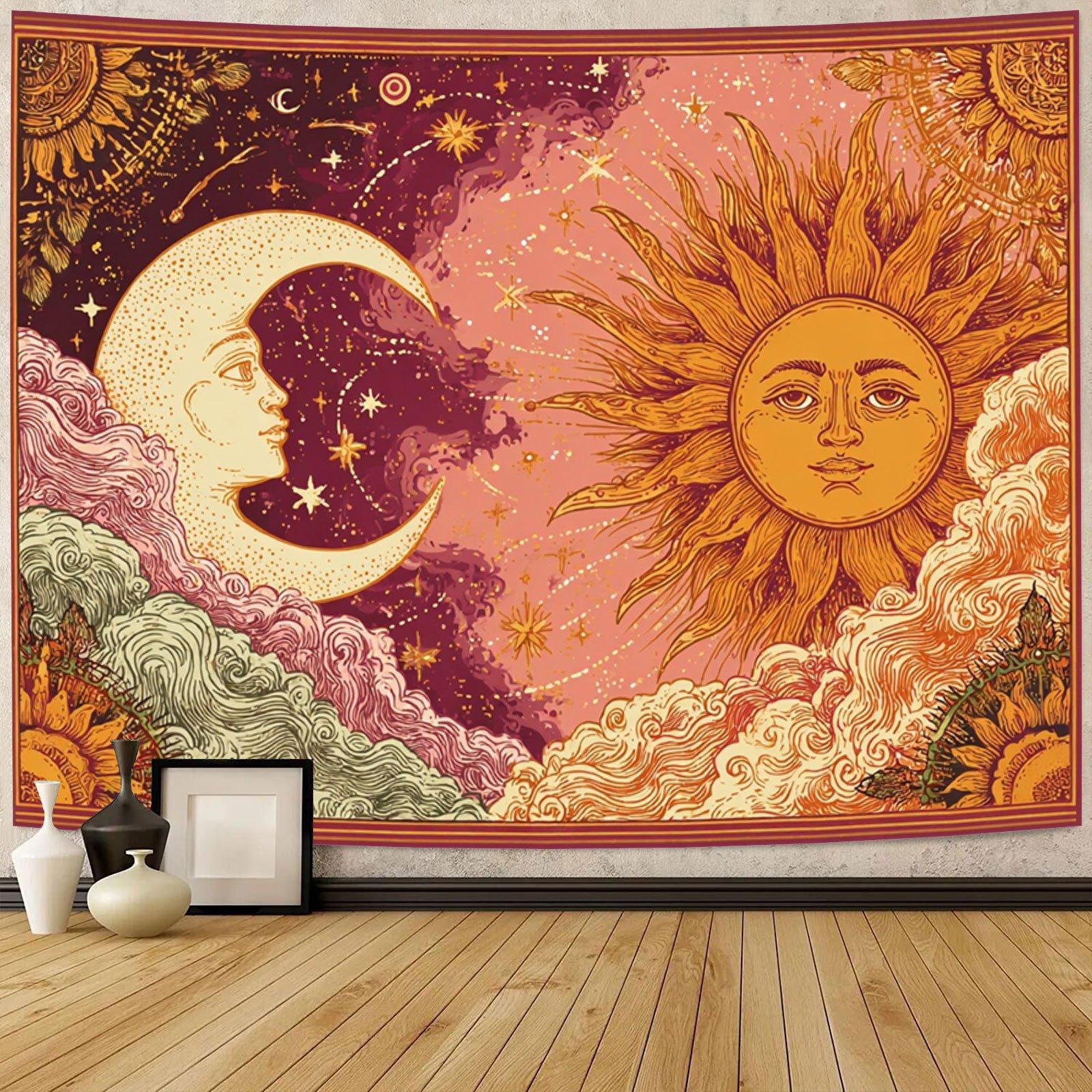 Retro Bohemian Sun Moon Star Tapestry Hand drawn Sun Moon Cloud Printing Hanging Cloth Room Decoration 100X70CM