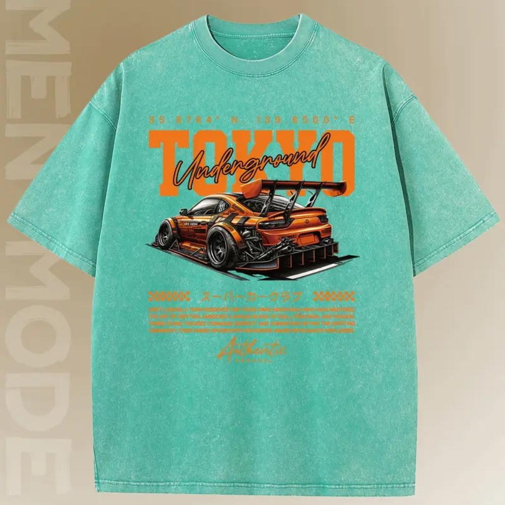 Plus Size Summer Men's Street Racing Graphic Printed Washed and Aged Short Sleeve Hip Hop Men's T-Shirt