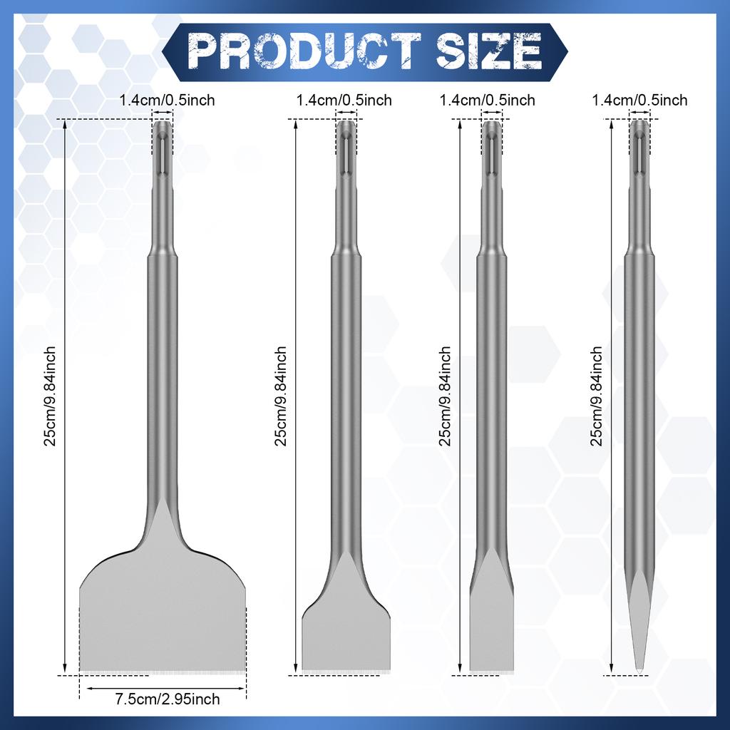 4Pcs SDS PLUS Shank Point Flat Wide Flat Electric Hammer Chisel Bit for Wall Concrete Impact Drill Elbow Widening Drill Bit
