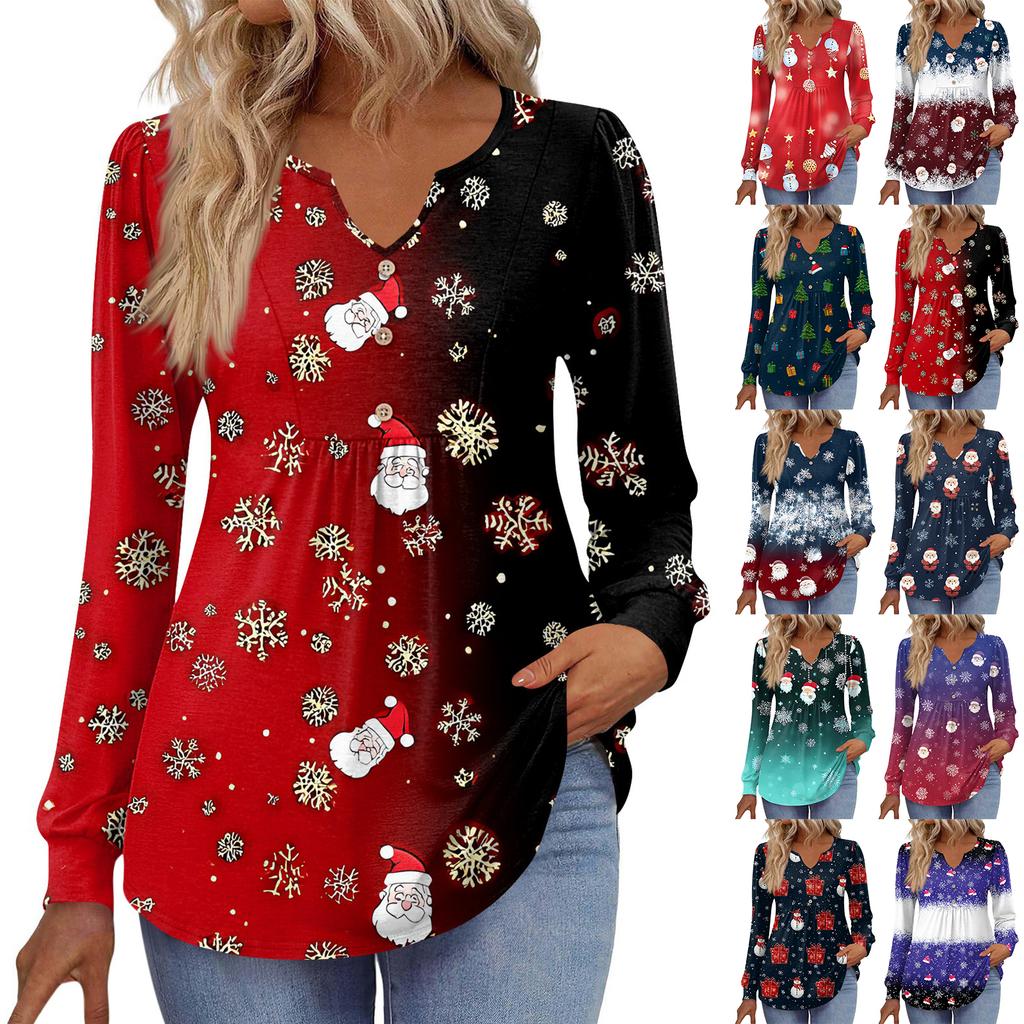 Women's Fashionable Casual V-neck Blouse Button Christmas Printed Long-sleeved Pullover T-shirt Top