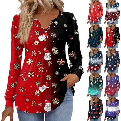 Damen Modische Lässige V-Ausschnitt Bluse Knopf Weihnachten Bedruckt Langarm Pullover T-Shirt Top