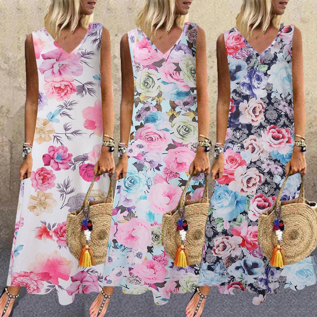 

Женское повседневное повседневное платье с принтом без рукавов, свободное вечернее длинное платье