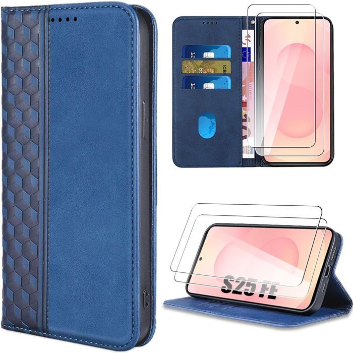 Coque de Protection - BOOLING - Samsung Galaxy S25 FE - Effet Cuir Bleu Marine - Antichoc - 2 Verres Trempés
