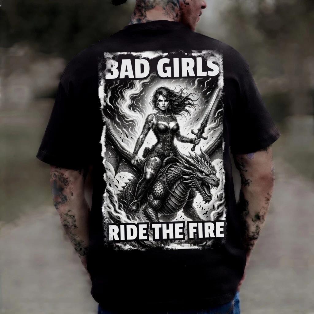 Bad Girls Ride The Fire Black Graphic T-Shirt Dragon Tattoo Edgy Tee XXXL